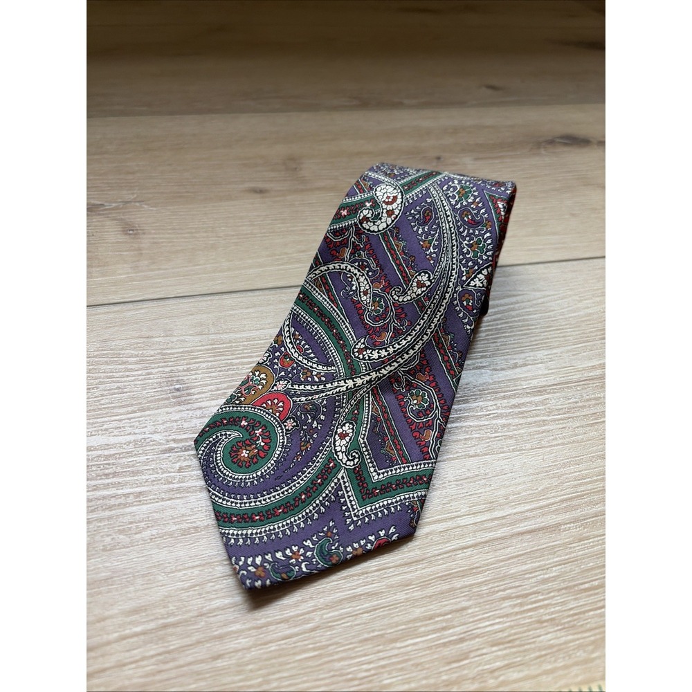 Vintage Polo Ralph Lauren Green Purple Paisley Print 100% Silk Neck Tie Handmade
